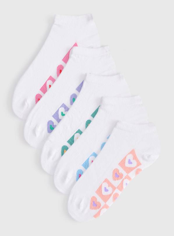 White Heart Print Footbed Trainer Socks 5 Pack 4-8