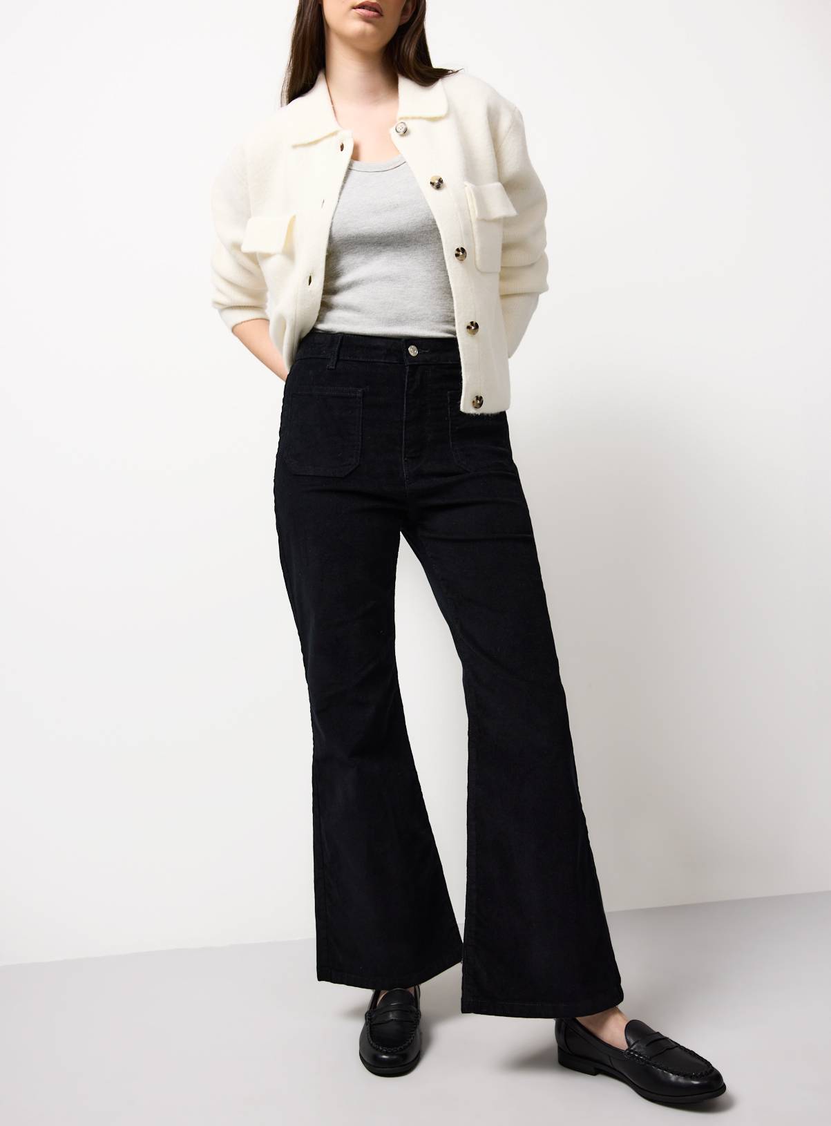 Black Cord Patch Pocket Flared Trousers 6 - Image 1