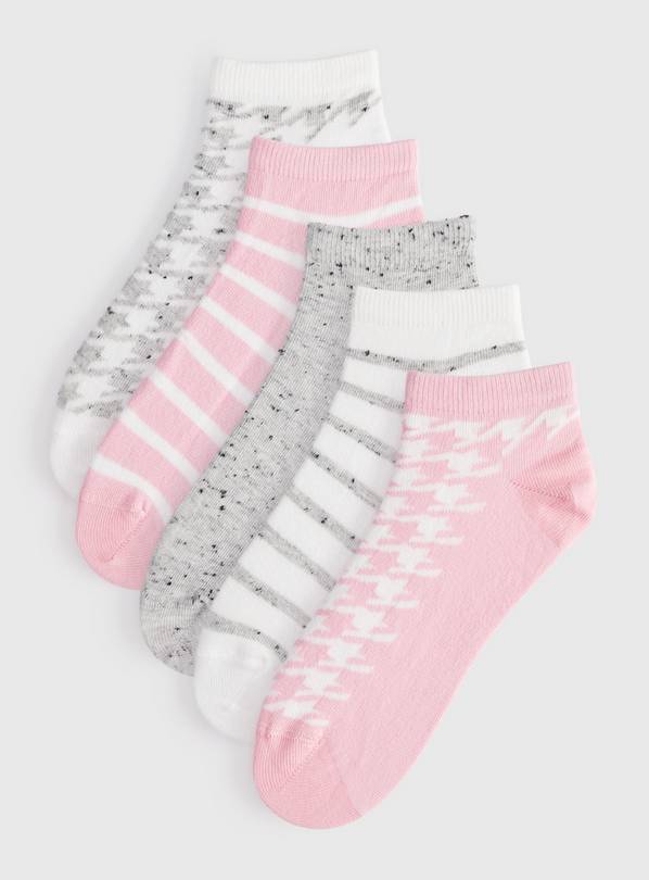 Pink & Grey Houndstooth Trainer Socks 5 Pack 4-8