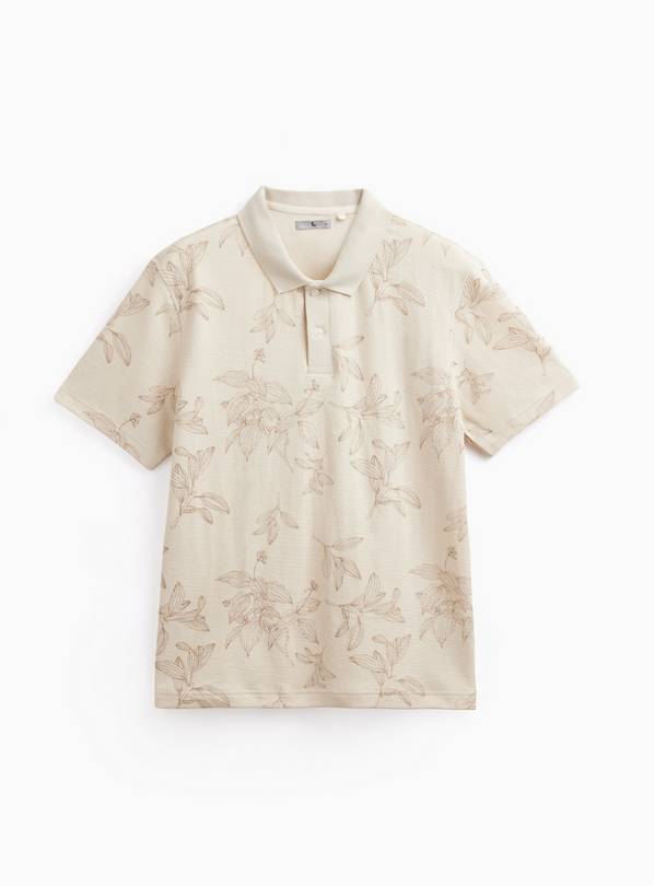Cream Textured Floral Print Polo Shirt XXXL