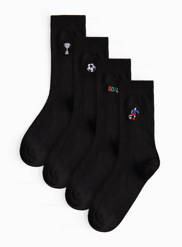 Black Football Embroidered Ankle Socks 4 Pack 6-8.5