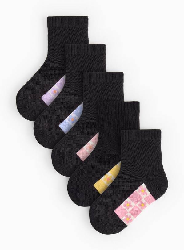 Black Floral Print Footbed Ankle Socks 5 Pack 6-8.5 Infant