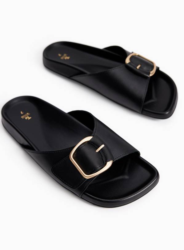 Black Leather Single Strap Footbed Sandals 5