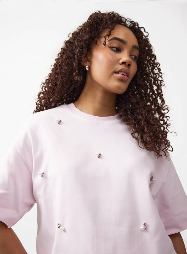 Pink Pearl Detail Boxy T-Shirt S