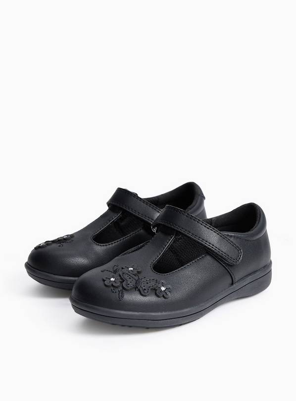 Black Coated Leather Butterfly Detail Slim Sole T-Bar School Shoes 9 Infant