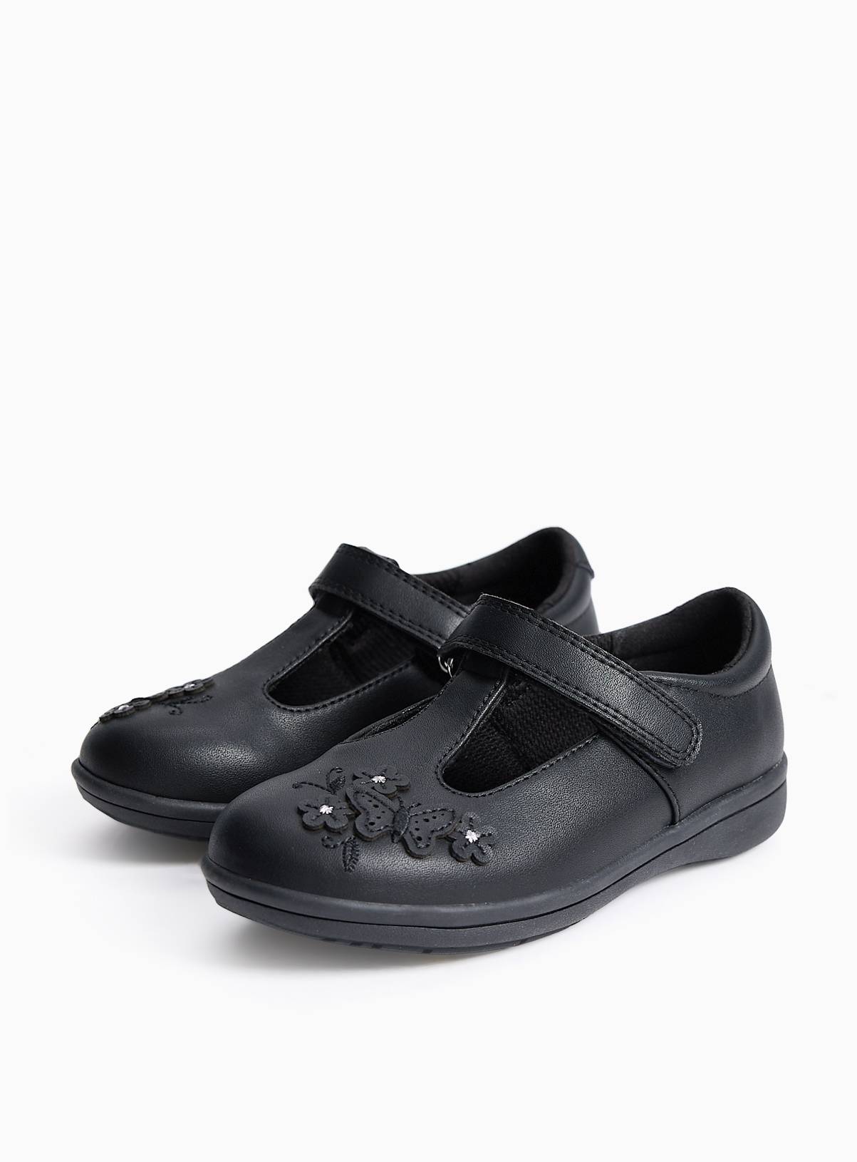 Black Coated Leather Butterfly Detail Slim Sole T-Bar School Shoes 10 Infant - Image 1