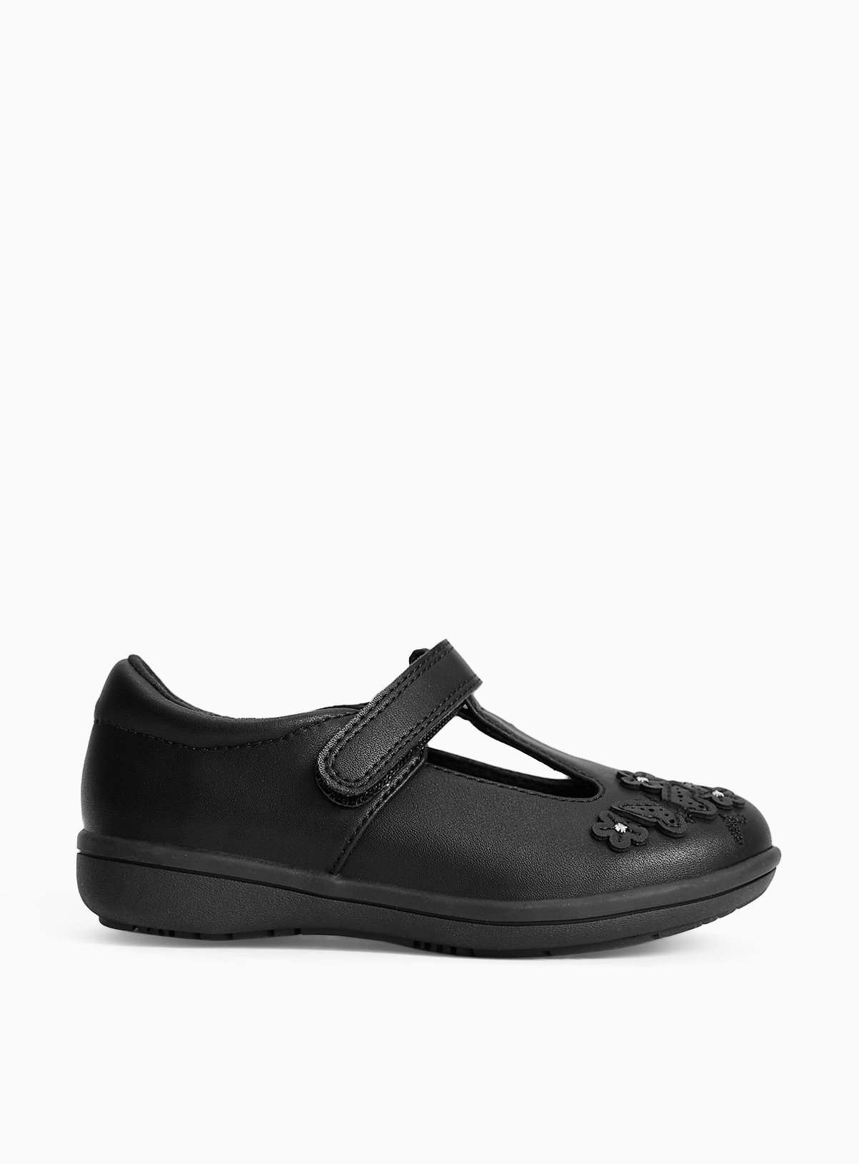Black Coated Leather Butterfly Detail Slim Sole T-Bar School Shoes 10 Infant - Image 3 thumbnail