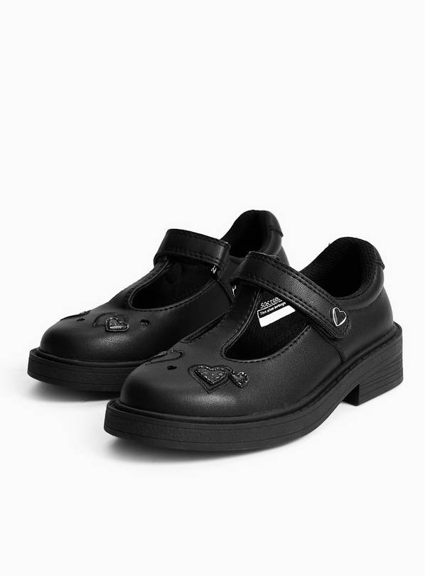 Black Coated Leather Heart T-Bar Shoes 10 Infant