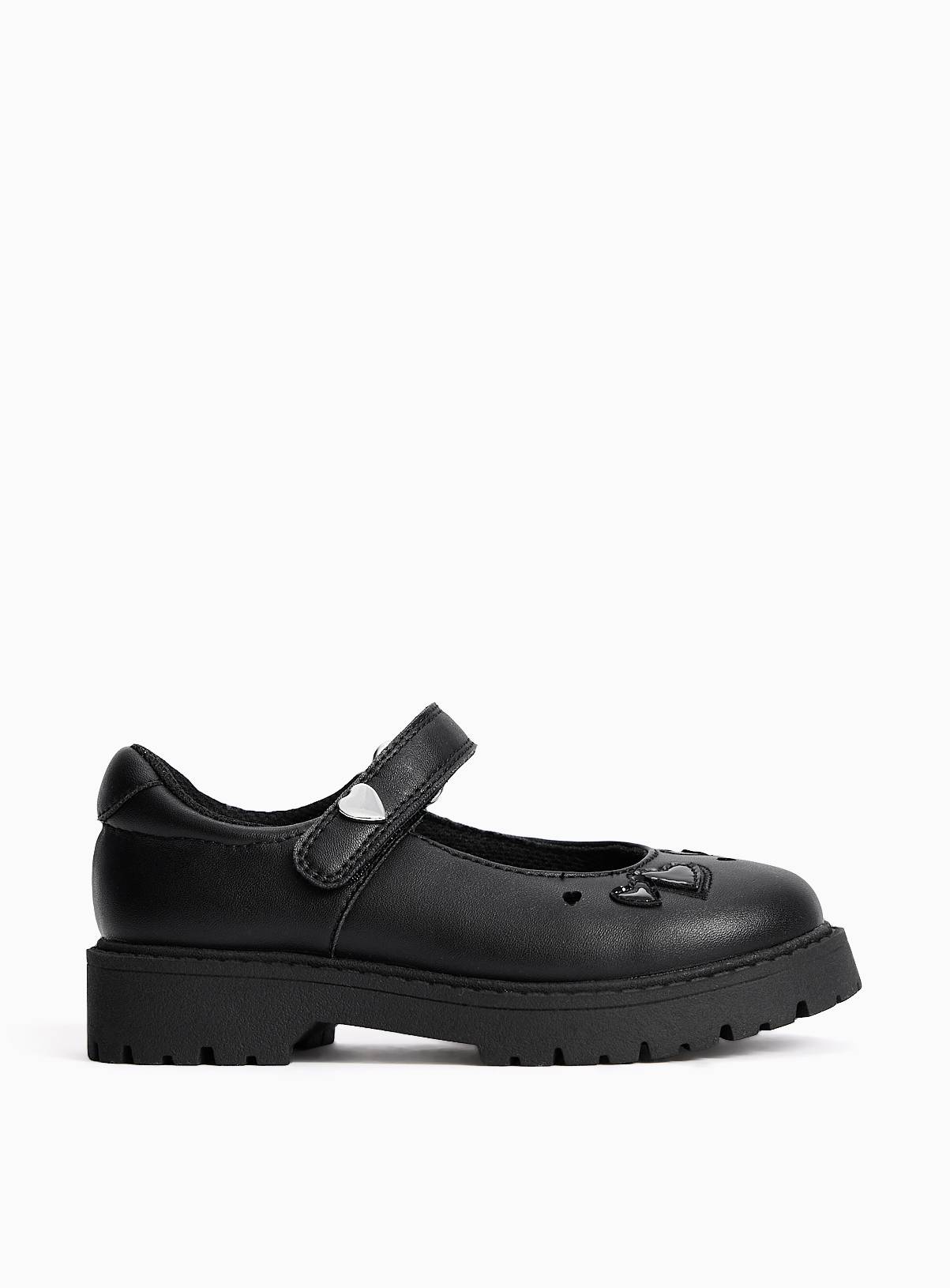 Black PU Chunky Heart Detail Mary Jane School Shoes 8 Infant - Image 3