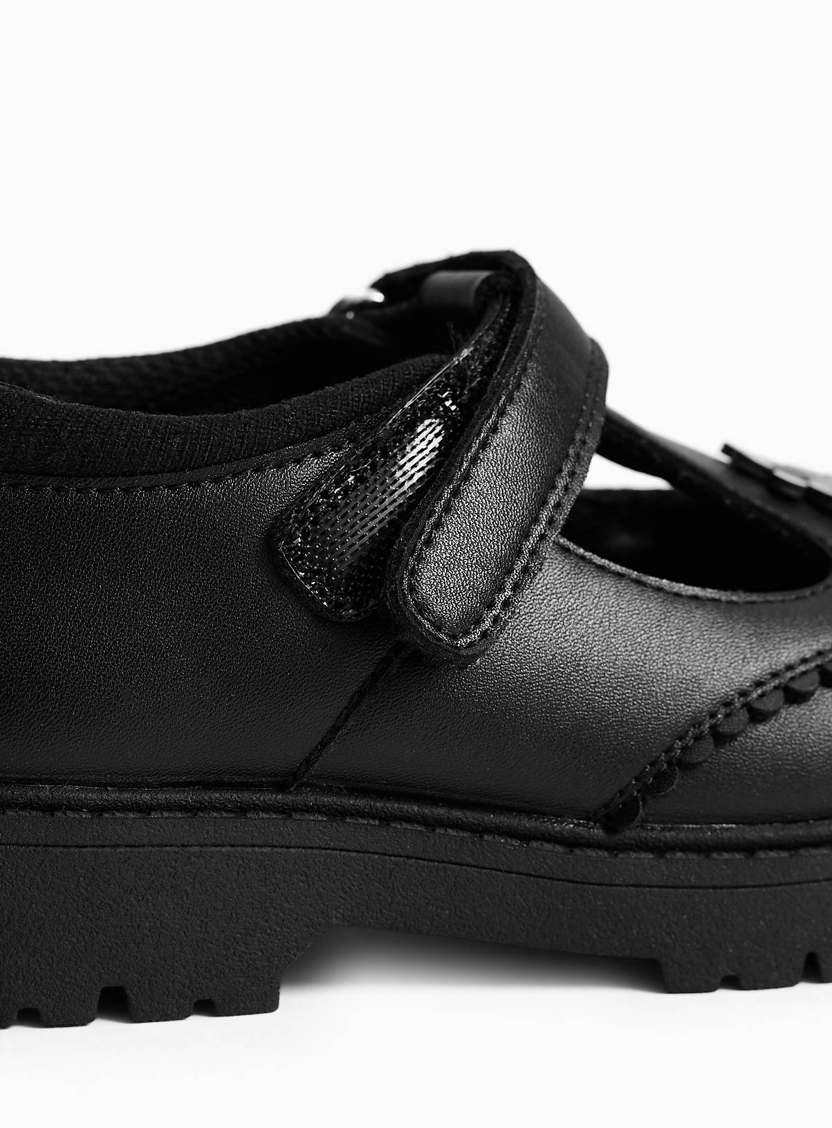 Black PU Chunky Floral Detail T-Bar School Shoes 8 Infant - Image 4