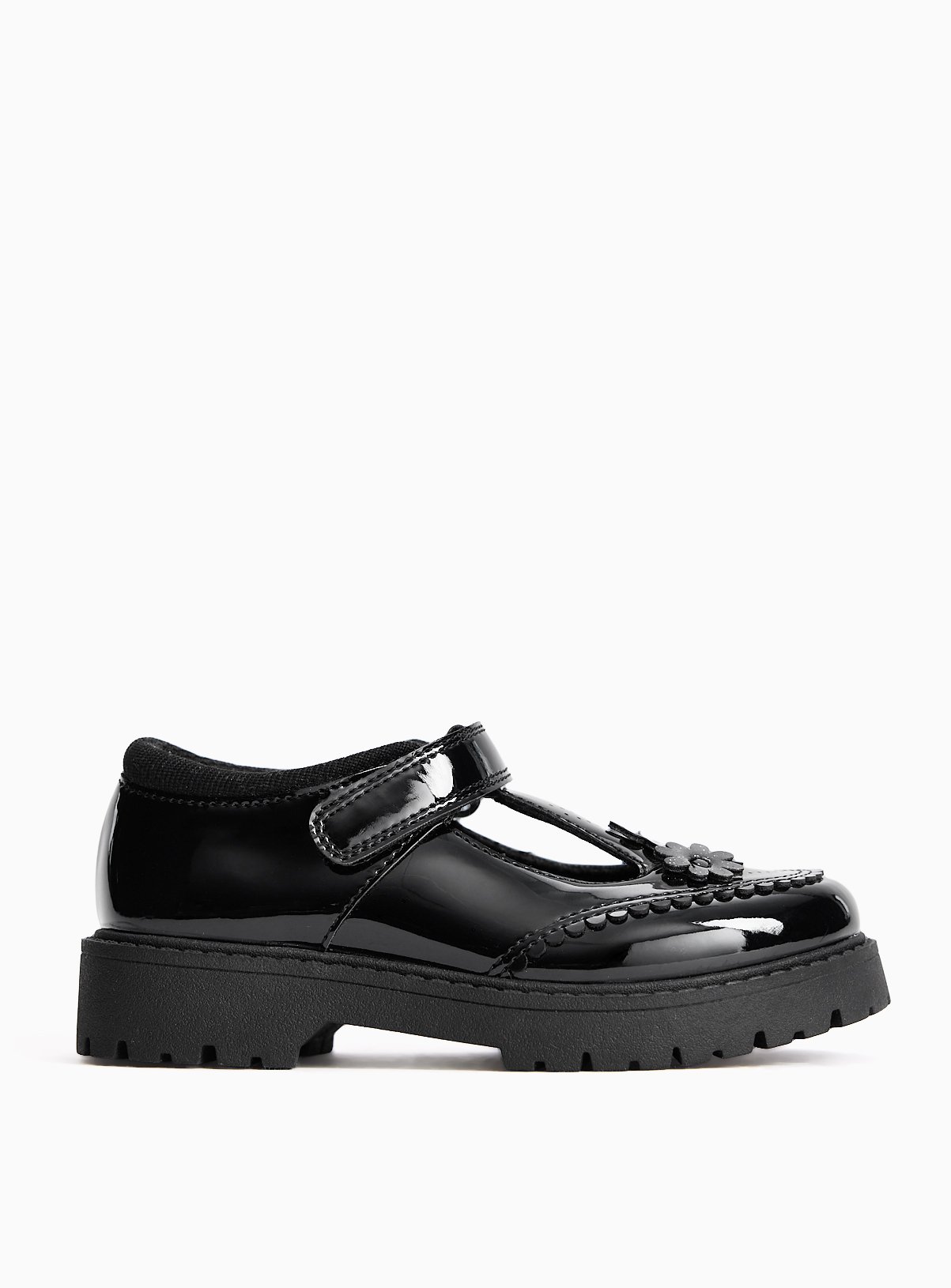 Black PU Patent Chunky Floral Detail T-Bar School Shoes 8 Infant - Image 3 thumbnail