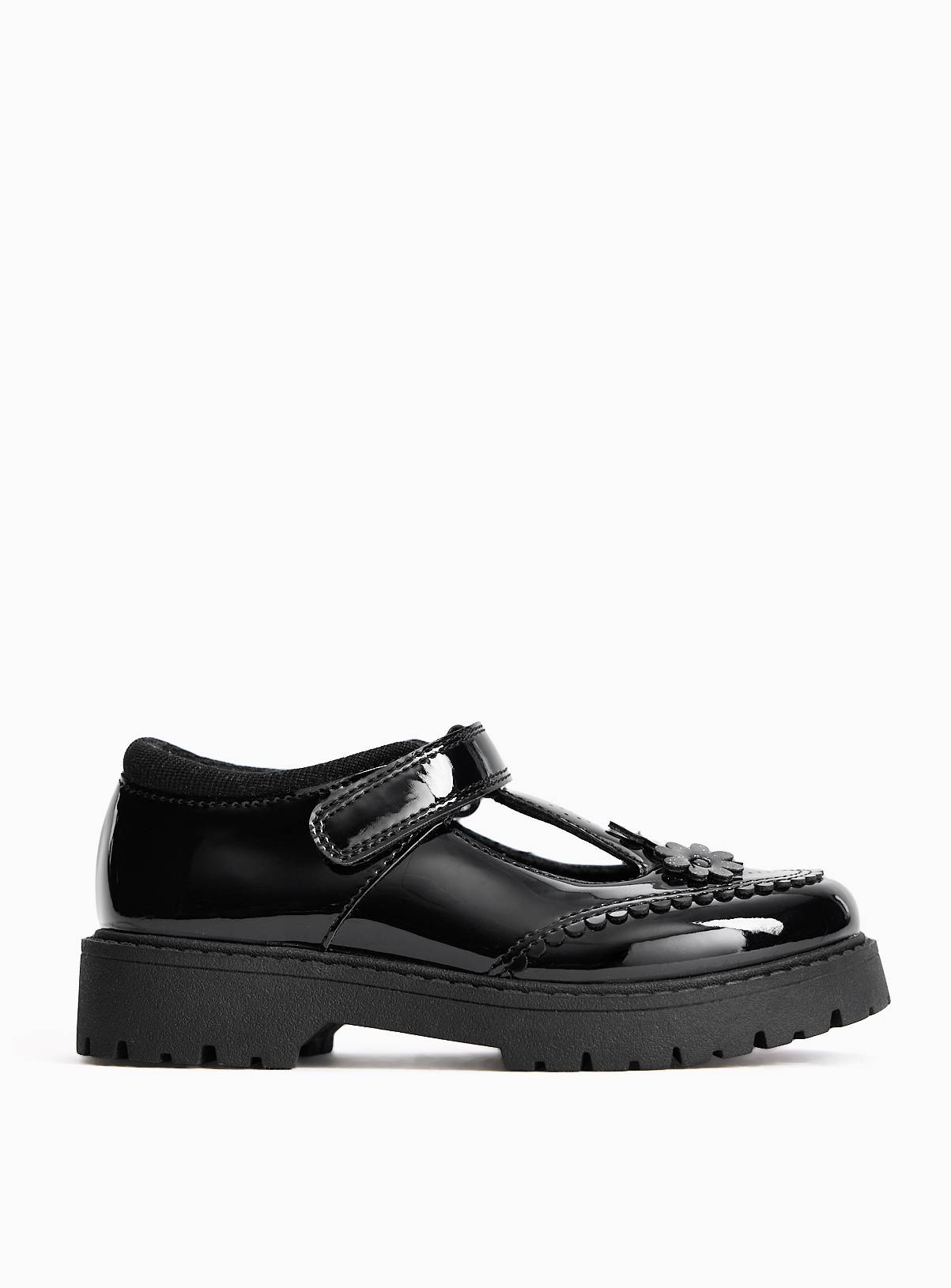 Black PU Patent Chunky Floral Detail T-Bar School Shoes 8 Infant - Image 3