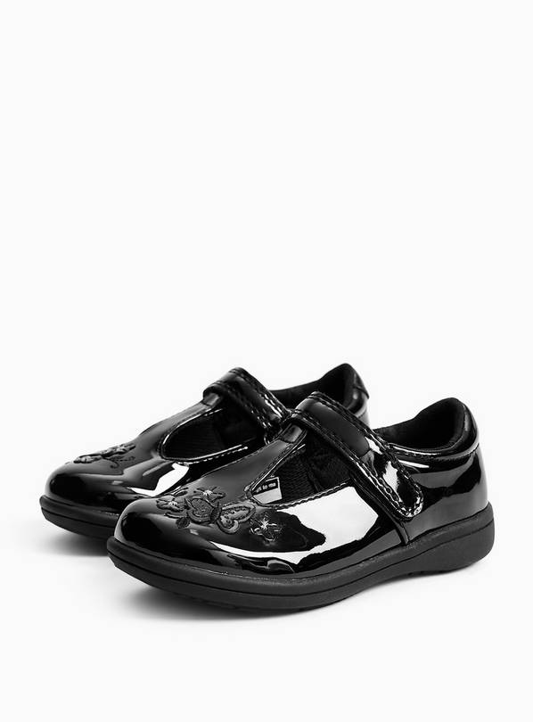 Black PU Patent Butterfly Detail Slim Sole T-Bar School Shoes 10 Infant