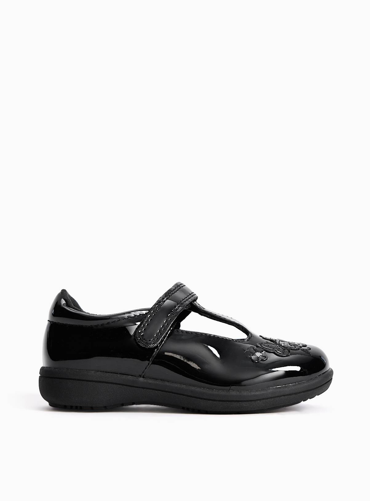 Black PU Patent Butterfly Detail Slim Sole T-Bar School Shoes 8 Infant - Image 3