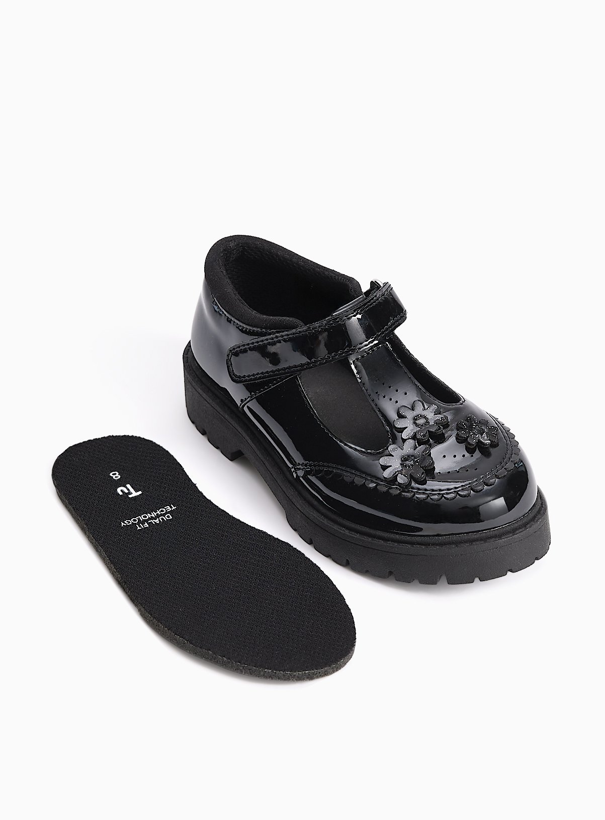 Black PU Patent Chunky Floral Detail Dual Fit School Shoes 11 Infant - Image 3 thumbnail