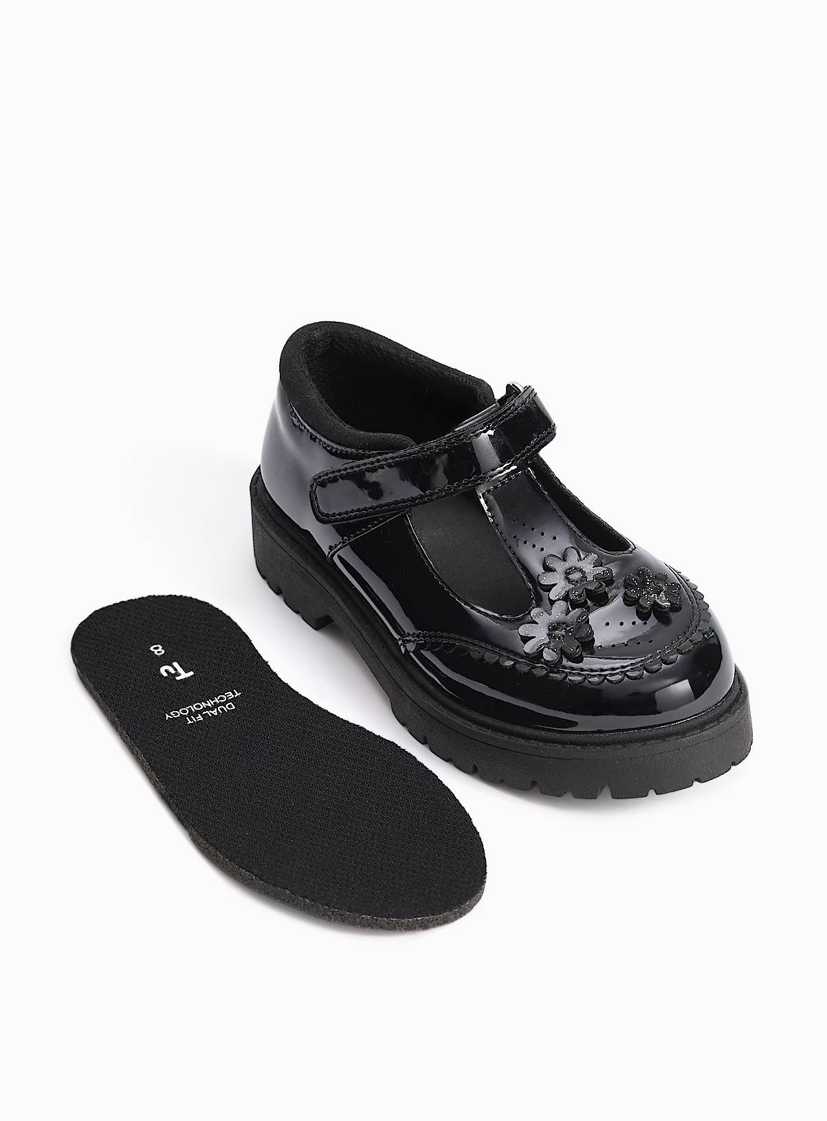Black PU Patent Chunky Floral Detail Dual Fit School Shoes 11 Infant - Image 3