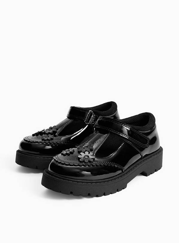 Black PU Patent Chunky Floral Detail Dual Fit School Shoes 12 Infant