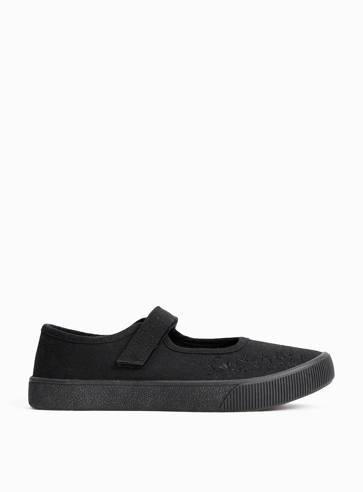 Black Floral Detail Mary Jane School Plimsoles 13 Infant - Image 3