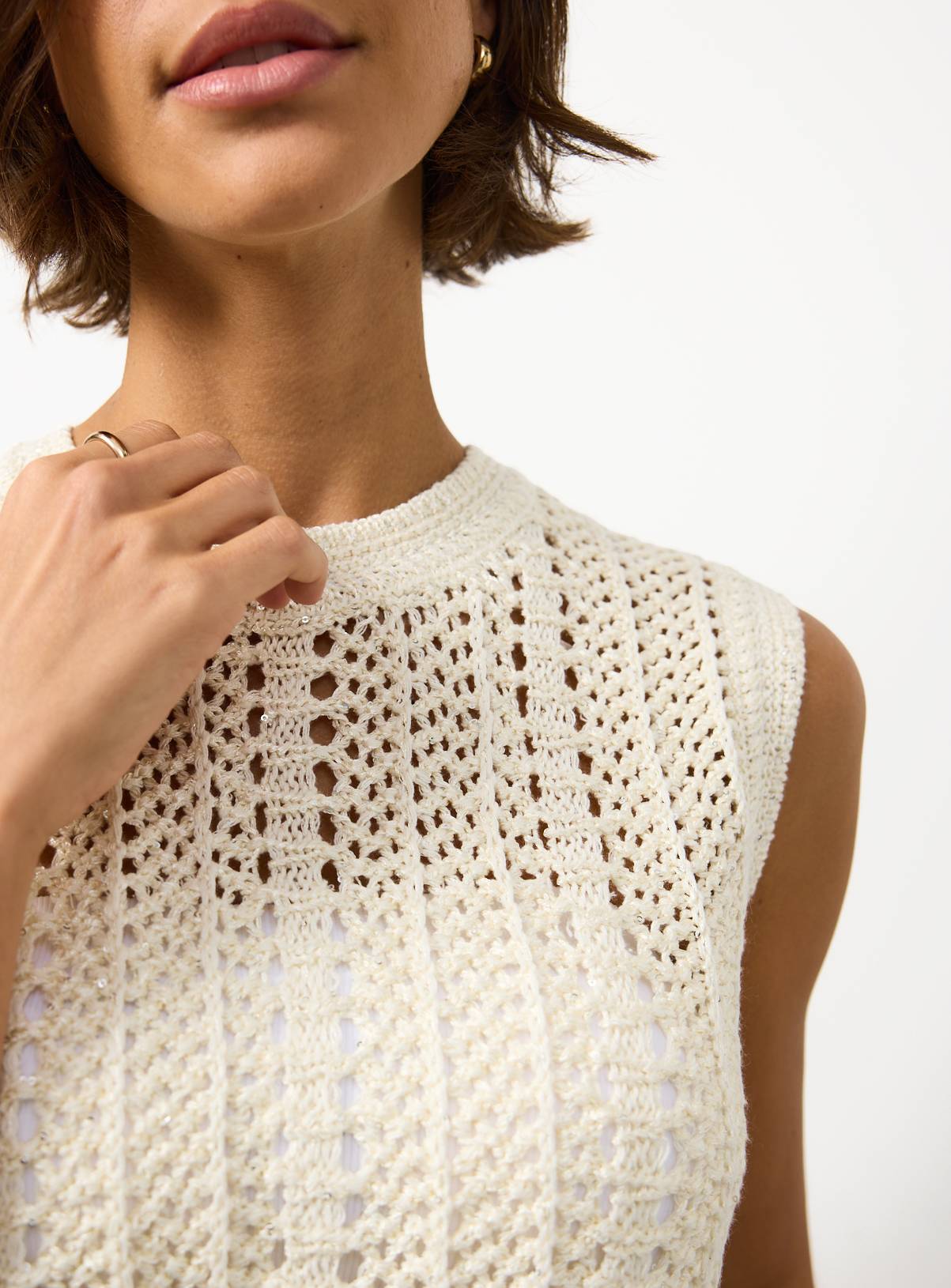 Cream Sequin Detail Knitted Vest S - Image 3