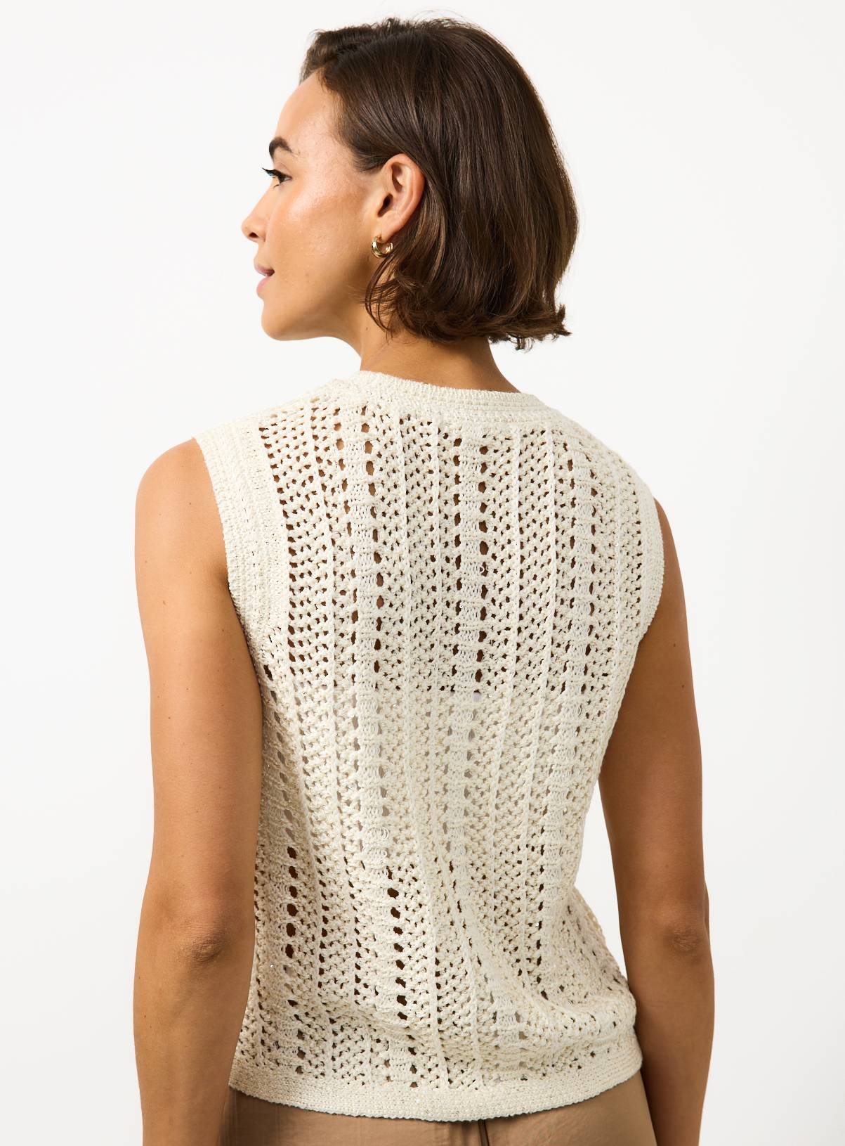 Cream Sequin Detail Knitted Vest S - Image 4