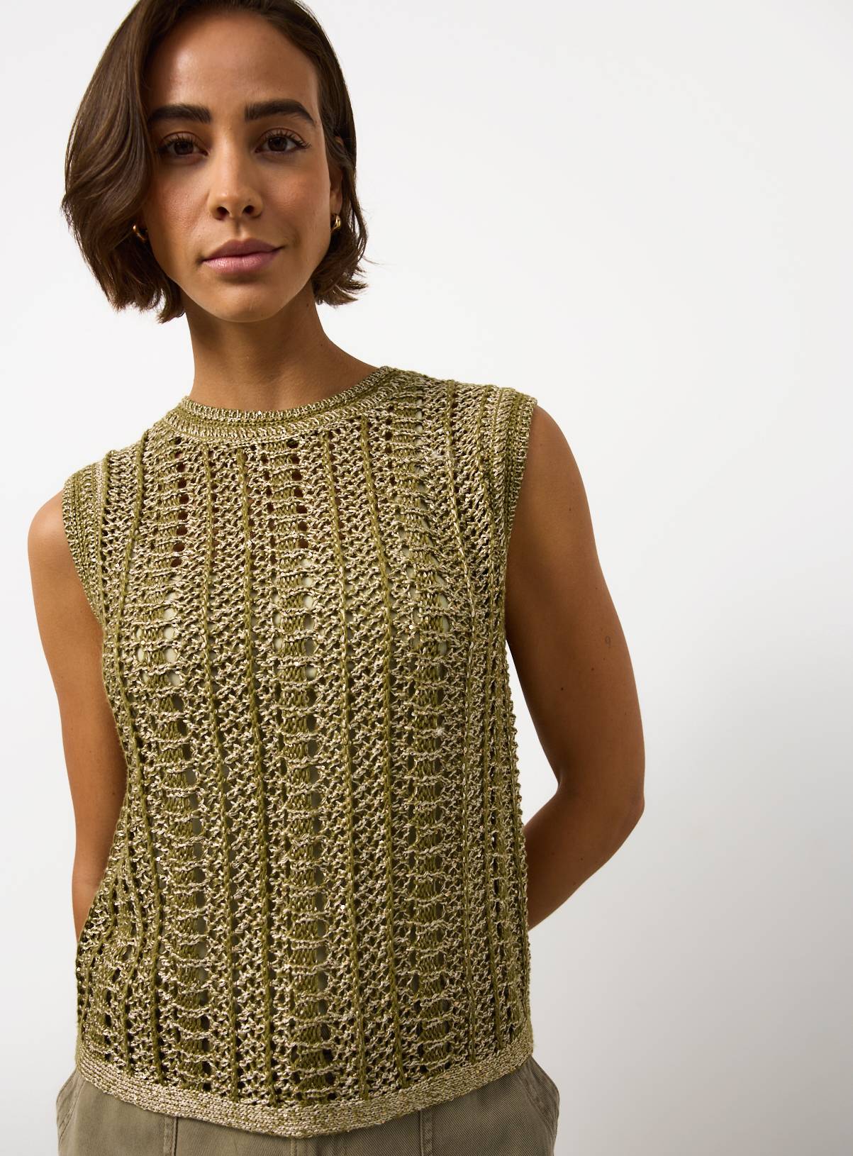 Khaki Sequin Detail Knitted Vest L - Image 1