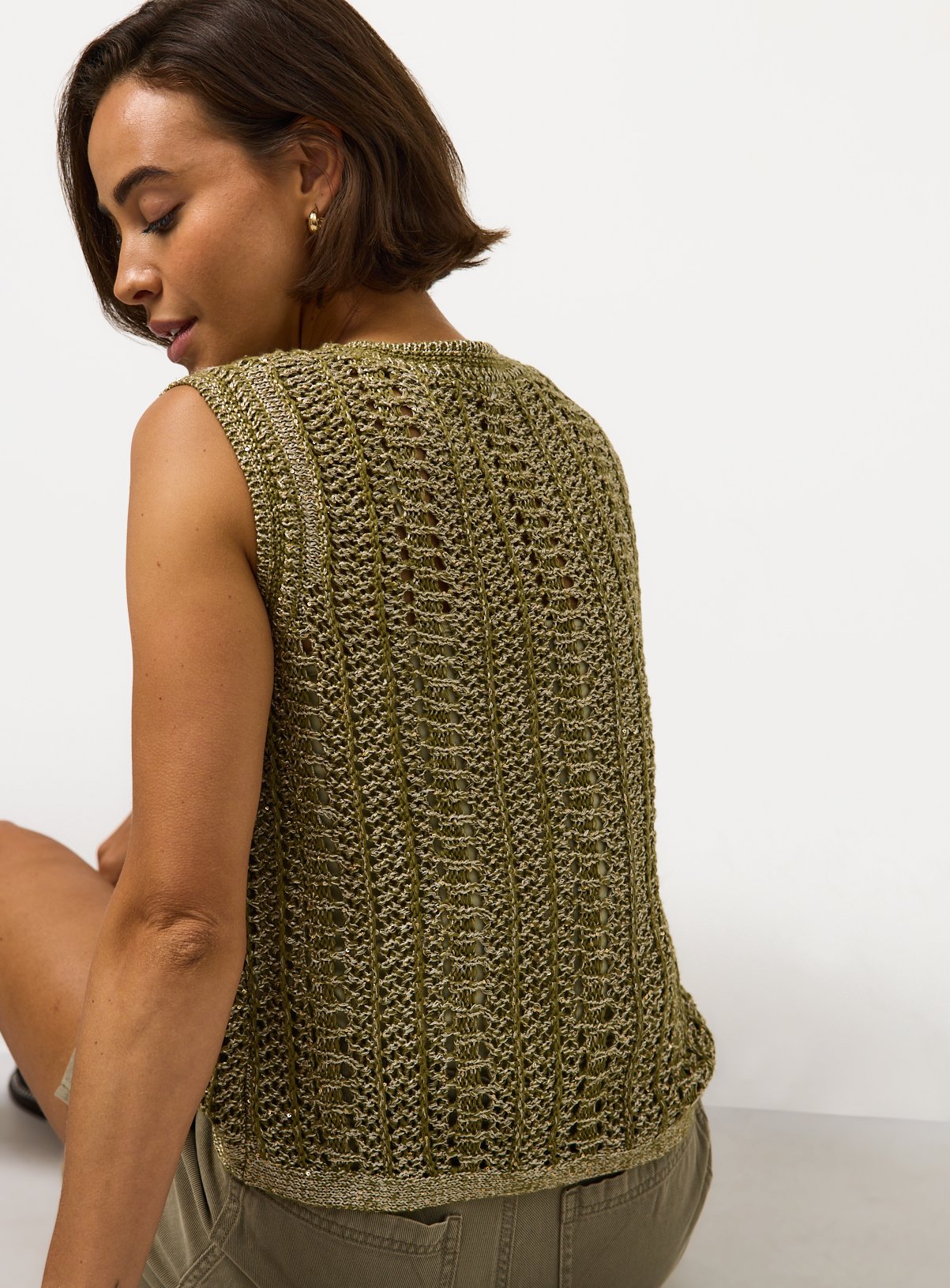 Khaki Sequin Detail Knitted Vest L - Image 4 thumbnail