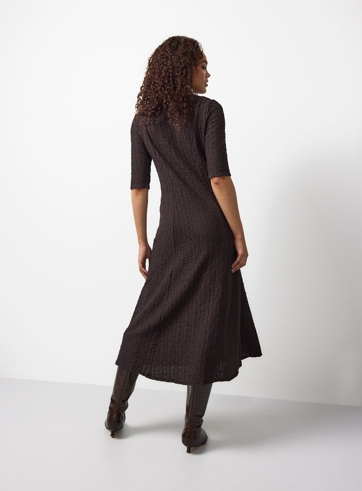 Brown Textured Smock Dress 6 - Image 4 thumbnail