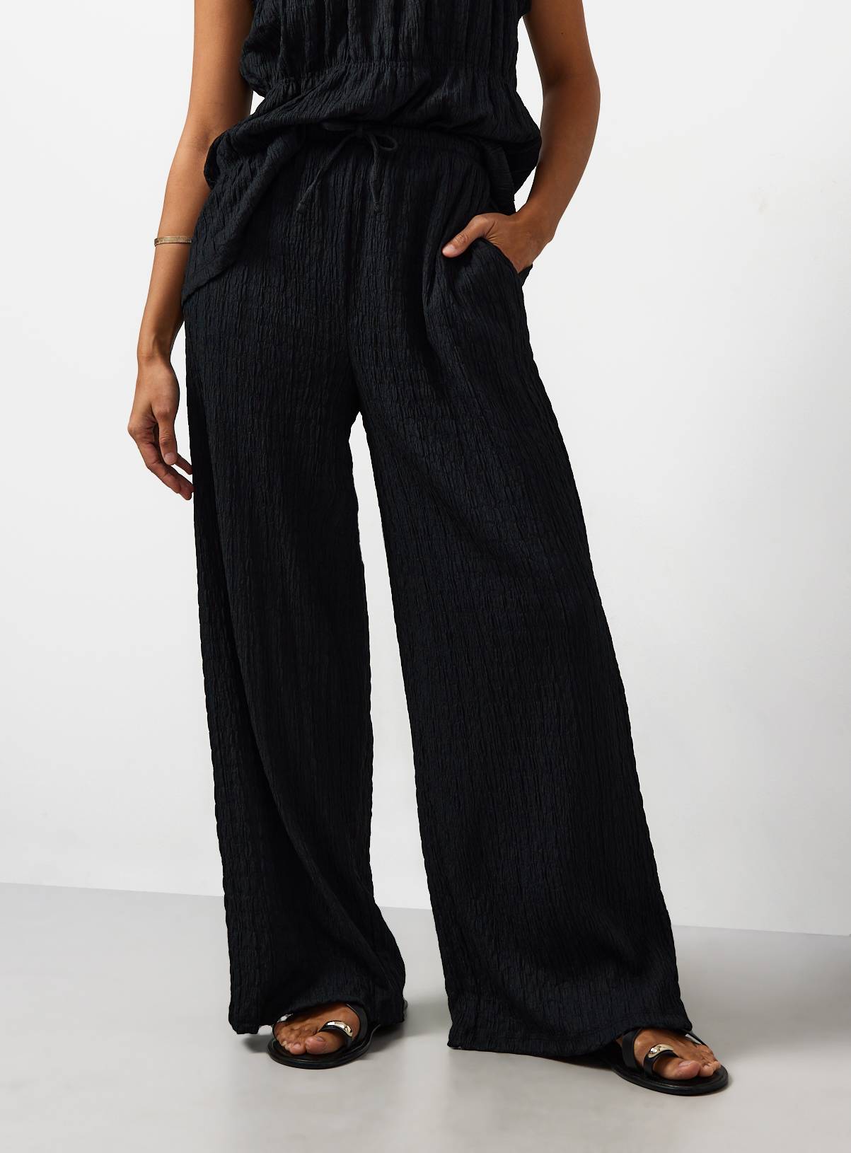 Black Wide Leg Textured Trousers 12 - Image 1