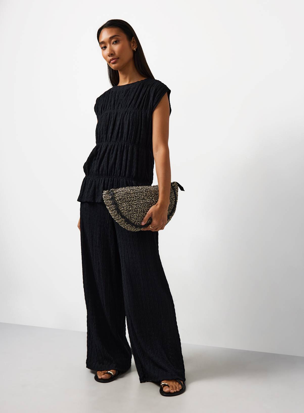 Black Wide Leg Textured Trousers 12 - Image 2