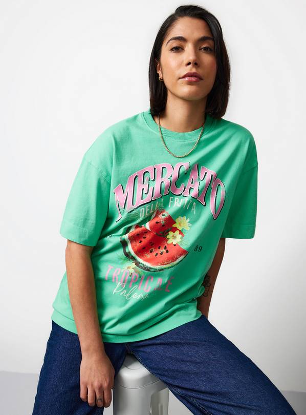 Green Fruit Graphic Oversized Fit T-Shirt L