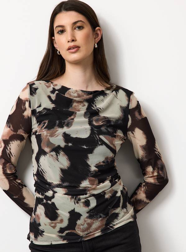 Black Abstract Print Mesh Long Sleeve Top 26