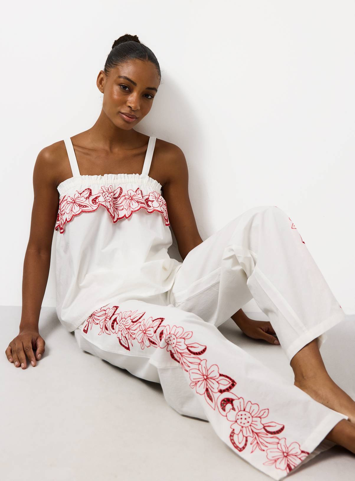 White Floral Embroidered Poplin Cami Pyjamas 14 - Image 1