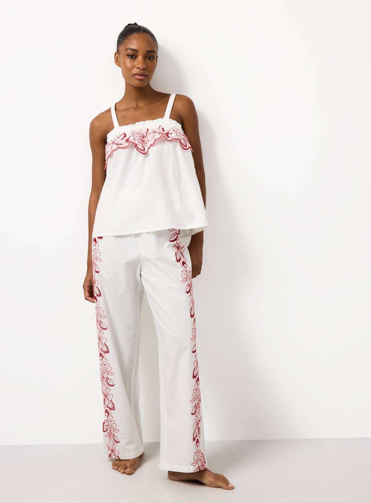 White Floral Embroidered Poplin Cami Pyjamas 14 - Image 2