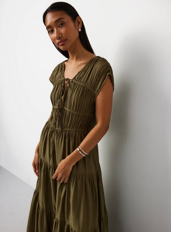 Khaki Crinkle Texture Tiered Tie Front Midaxi Dress 8