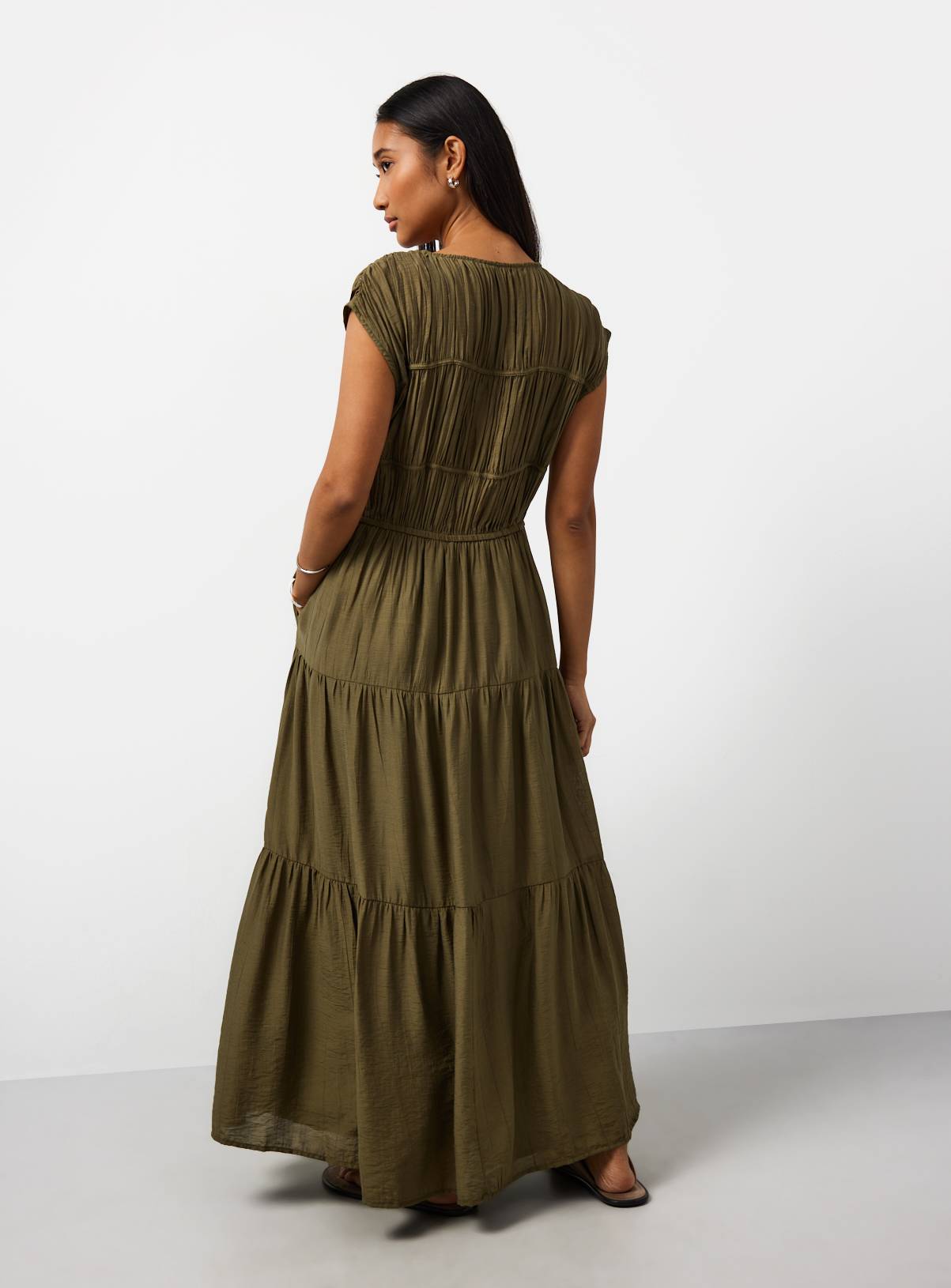 Khaki Crinkle Texture Tiered Tie Front Midaxi Dress 6 - Image 4