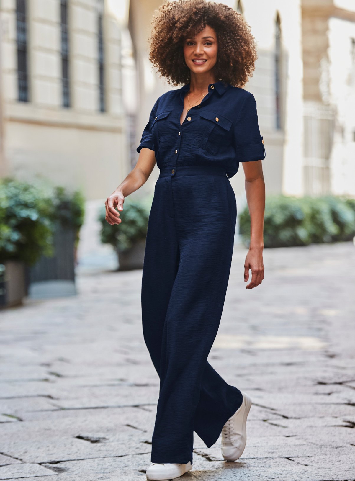 SOSANDAR Navy Blue Button Front Wide Leg Jumpsuit 8 - Image 2 thumbnail