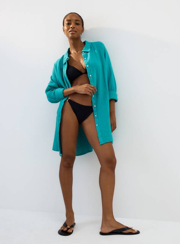 Green Textured Beach Cover Up Shirt S