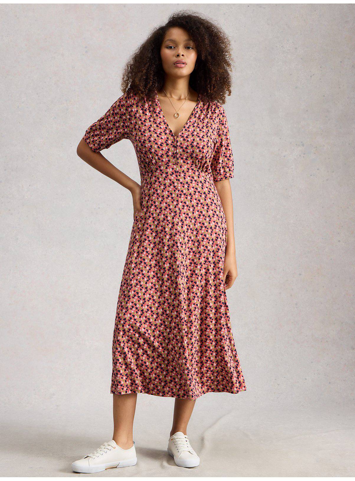 WHITE STUFF Megan Jersey Heart Print Dress Pink 8 - Image 1