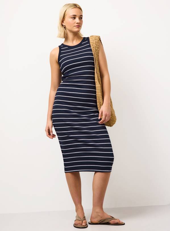 Navy Stripe Built In Bra Midi Sleeveless Column Dress 18