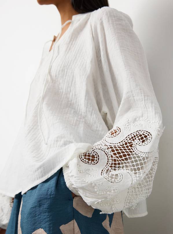 White Lace Embroidered Detail Long Sleeve Blouse 16