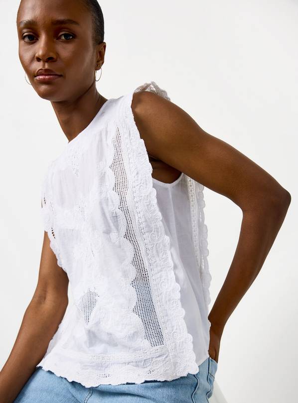 White Lace Embroidered Sleeveless Shell Top 14