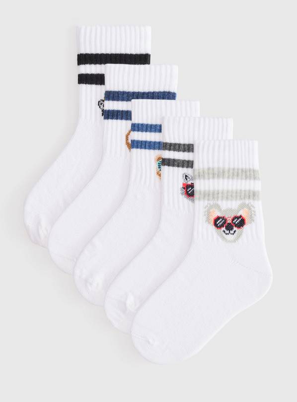 White Animal Motif Ribbed Sports Ankle Socks 5 Pack 6-8.5 Infant