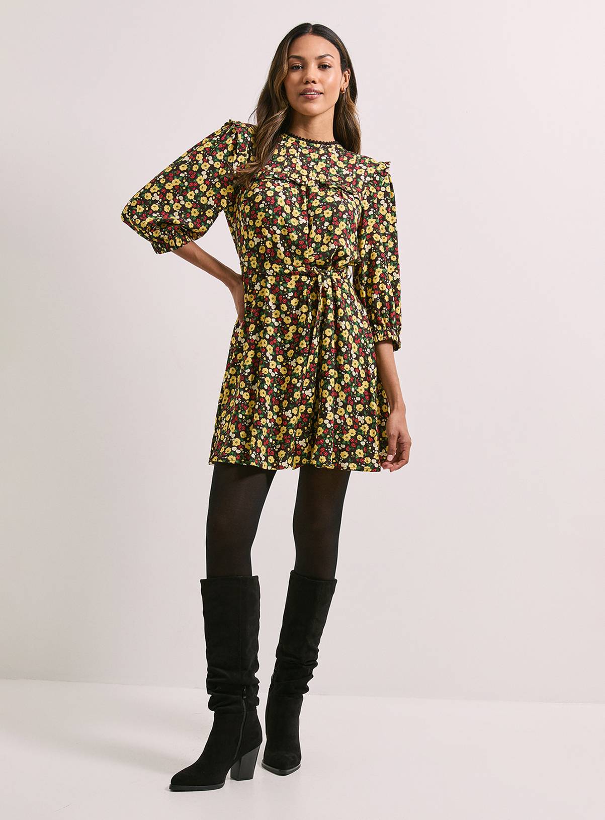 DOROTHY PERKINS Tie Waist Yoke Frill Detail Printed Belted Mini Dress 10 - Image 2