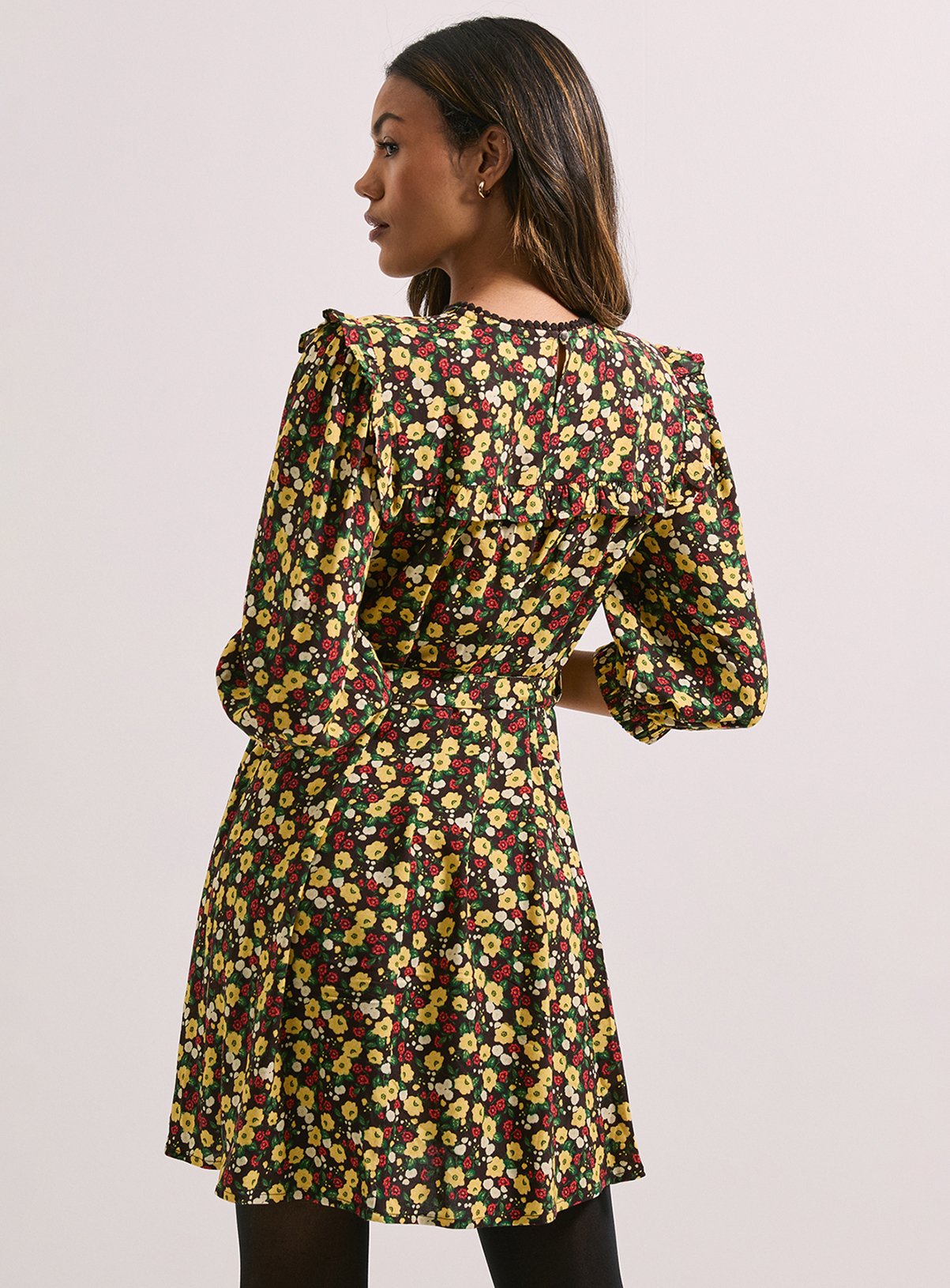 DOROTHY PERKINS Tie Waist Yoke Frill Detail Printed Belted Mini Dress 10 - Image 3 thumbnail