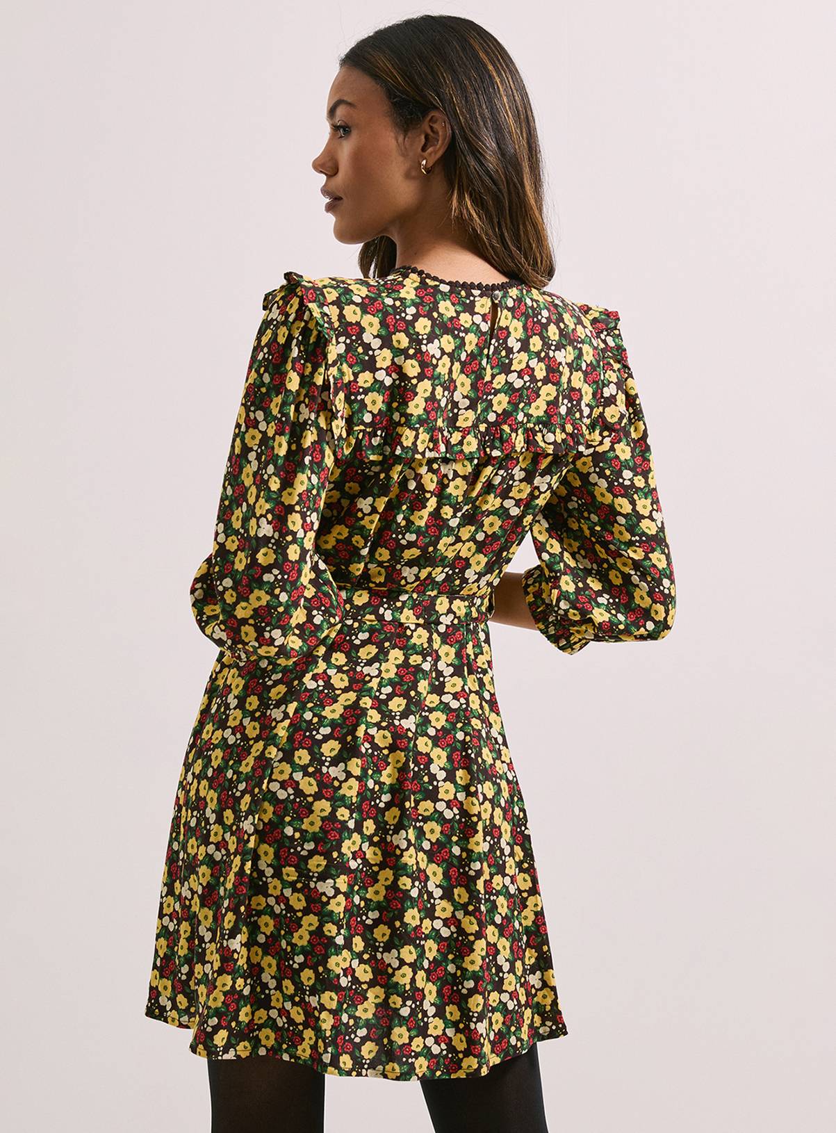 DOROTHY PERKINS Tie Waist Yoke Frill Detail Printed Belted Mini Dress 10 - Image 3