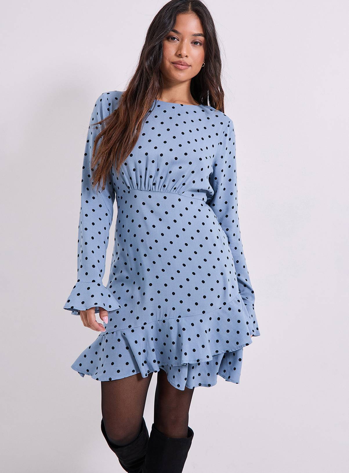 DOROTHY PERKINS Blue Spot Petite Ruffle Sleeve Frill Detail Printed Mini Dress 16 - Image 1