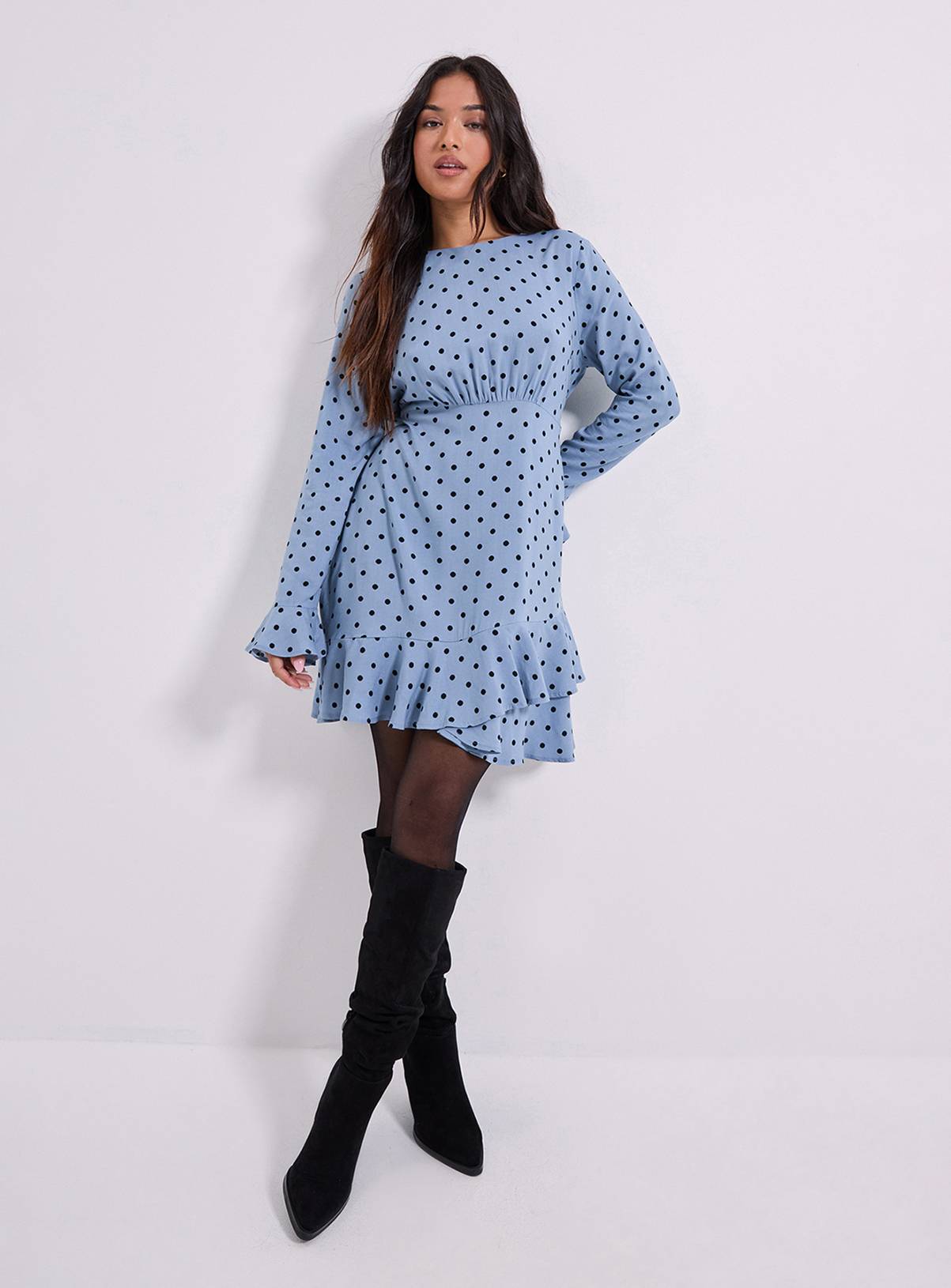 DOROTHY PERKINS Blue Spot Petite Ruffle Sleeve Frill Detail Printed Mini Dress 16 - Image 2