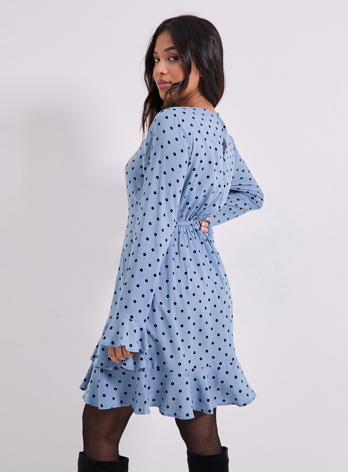 DOROTHY PERKINS Blue Spot Petite Ruffle Sleeve Frill Detail Printed Mini Dress 16 - Image 3 thumbnail