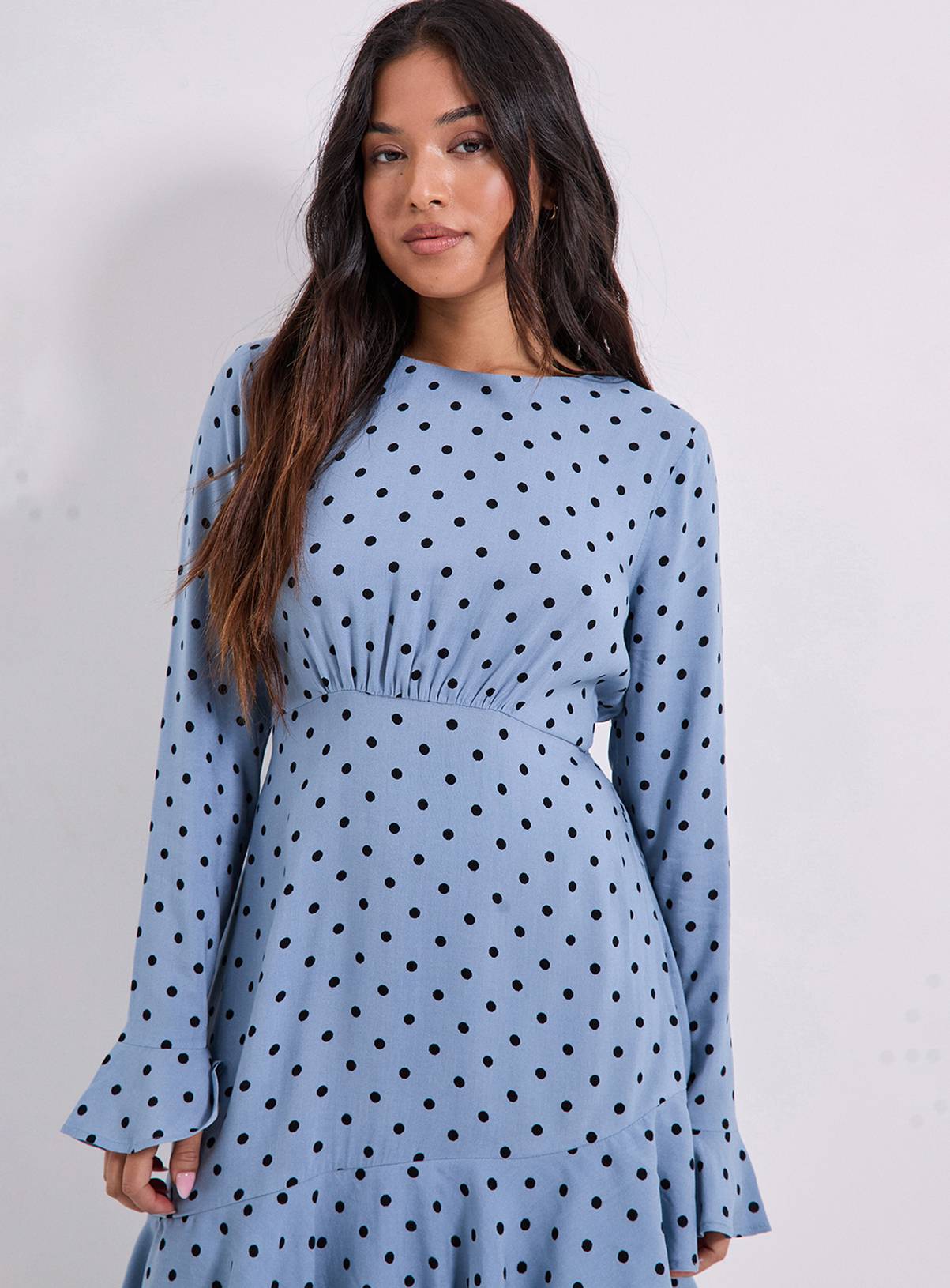 DOROTHY PERKINS Blue Spot Petite Ruffle Sleeve Frill Detail Printed Mini Dress 16 - Image 4