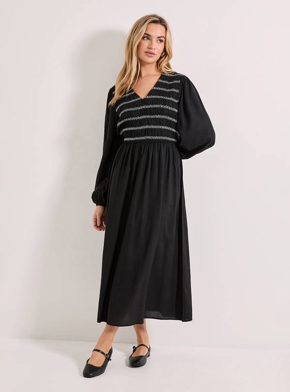 DOROTHY PERKINS Contrast Stitching Shirred Bodice V Neck Midi Dress 16